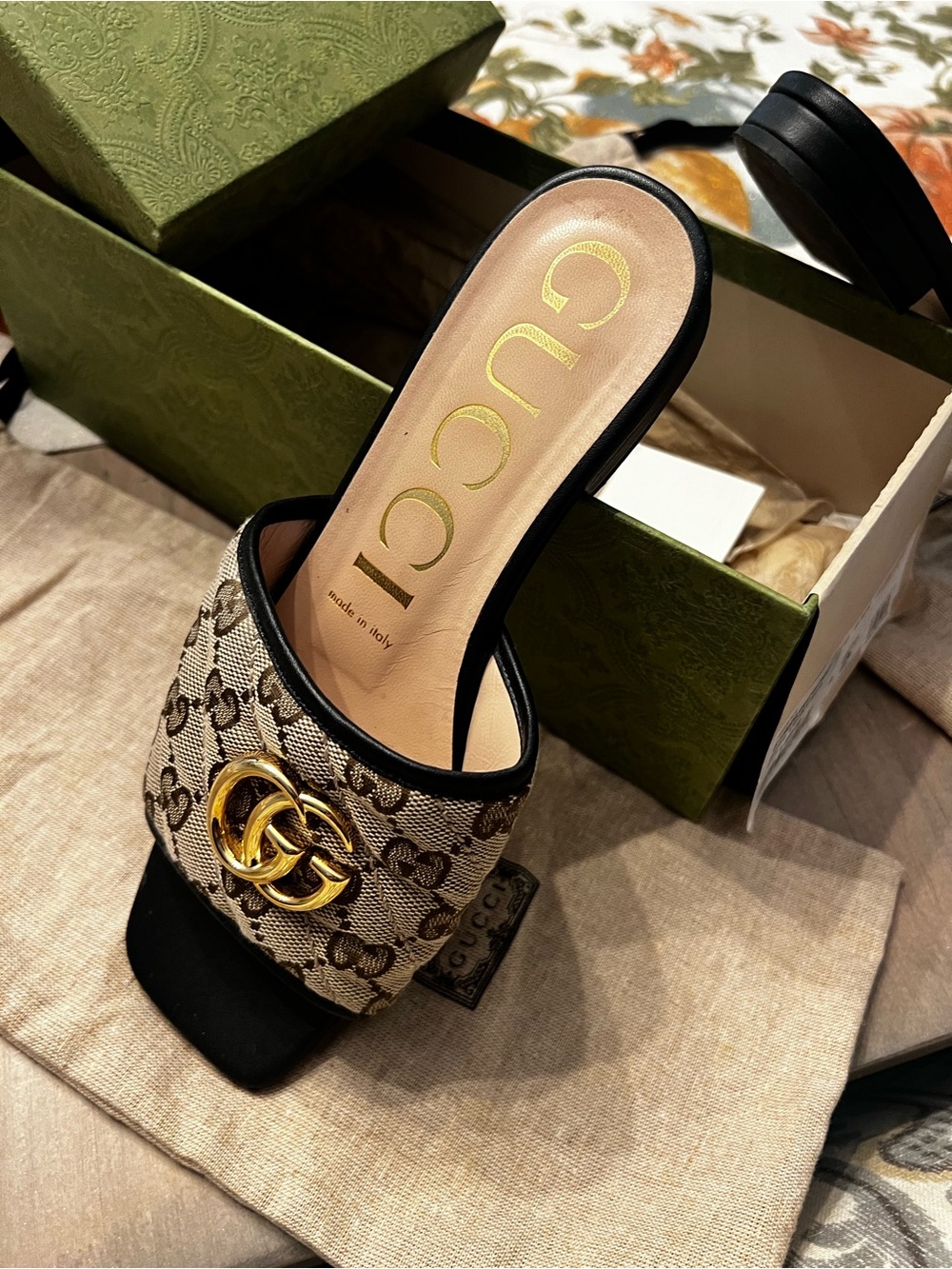 Gucci Beige GG Canvas Slide with Black Trim and Gold Double G